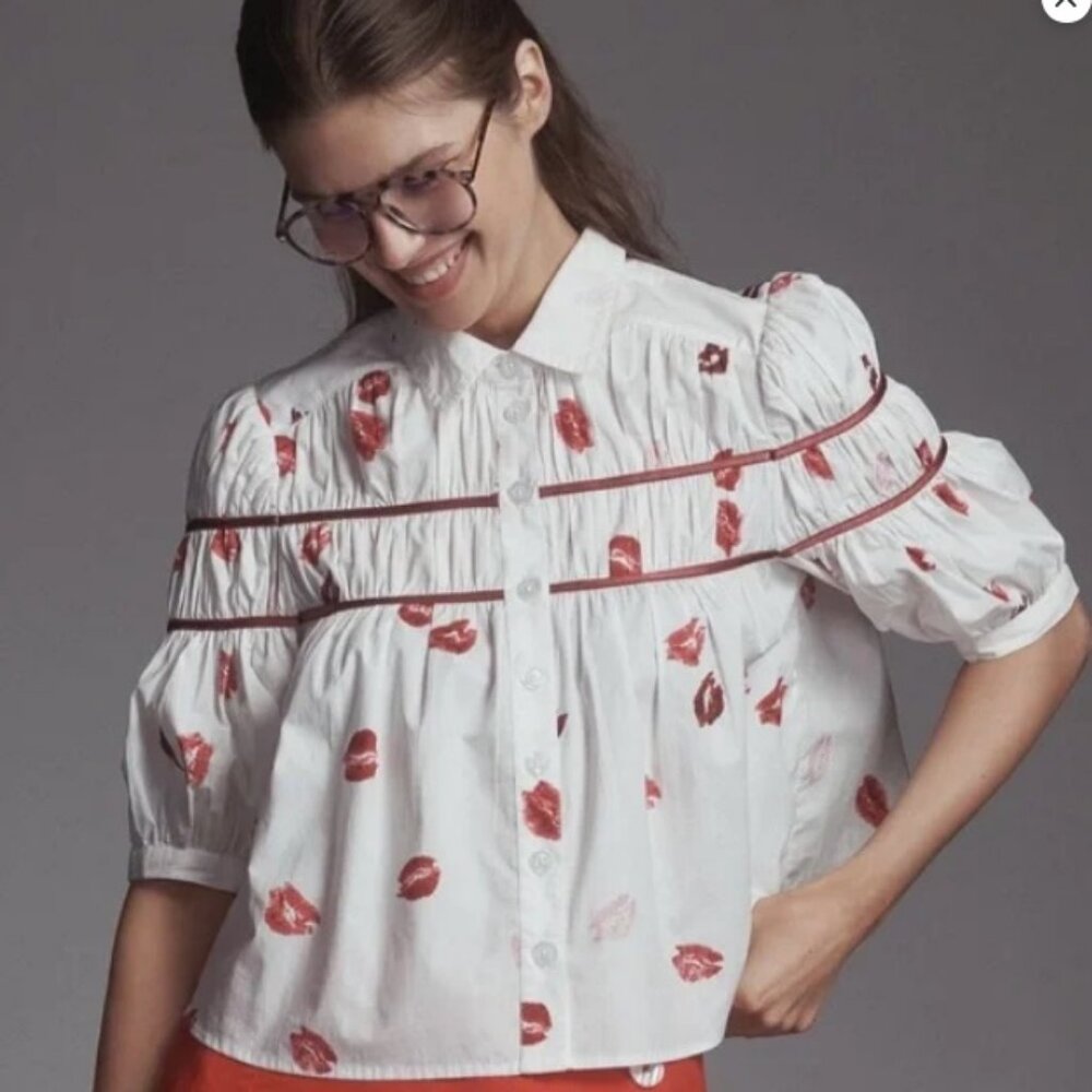 Anthropologie The Leandra Shirred Yoke Blouse by Maeve KISSES TOP
